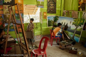 04/04/2013 - Siem Reap (Cambodia). Kids from an orphanage built inside the Angkor park, put the finishing touches to paintings to sell to tourists. © Thomas Cristofoletti 2013